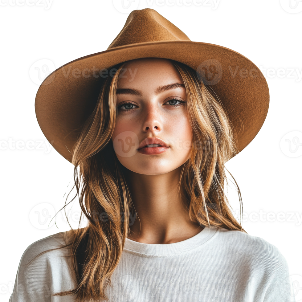 Chic woman in hat, casual outfit indoors, cut out transparent png