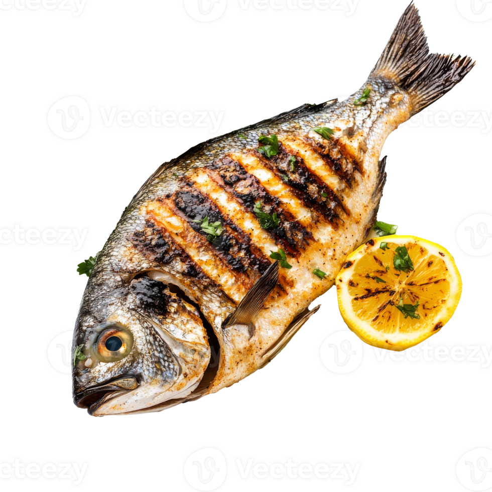 Lemon-grilled fish on white plate, cut out transparent png