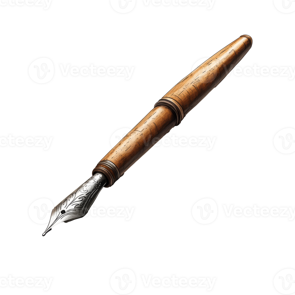 Elegant wooden fountain pen resting on a table, cut out transparent png