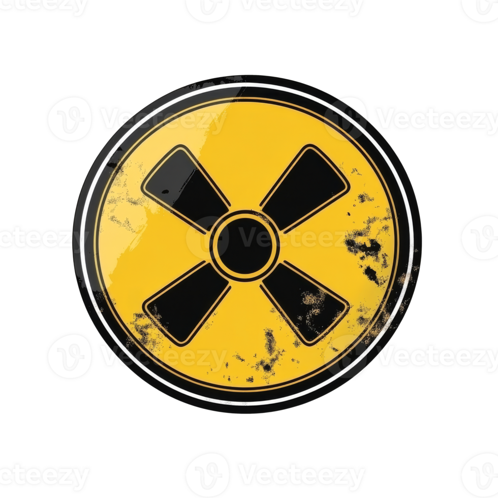 Yellow radiation warning sign with worn edges, cut out transparent png