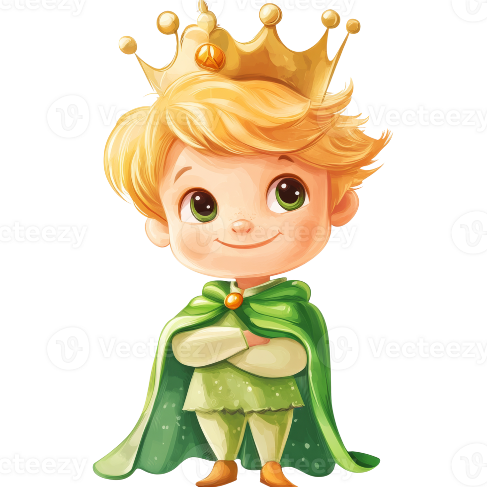 Young boy in a green cape with a golden crown, cut out transparent png