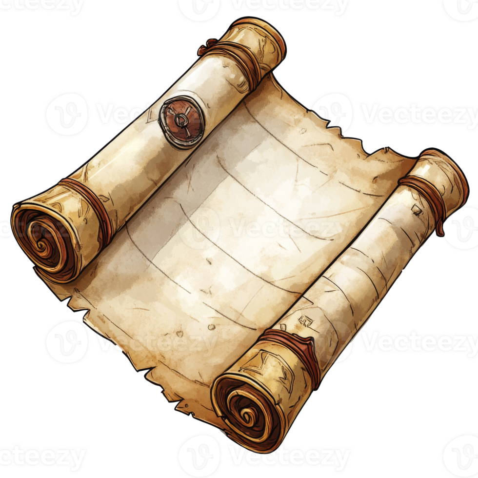 Old scroll with rolled edges and a wax seal, cut out transparent png