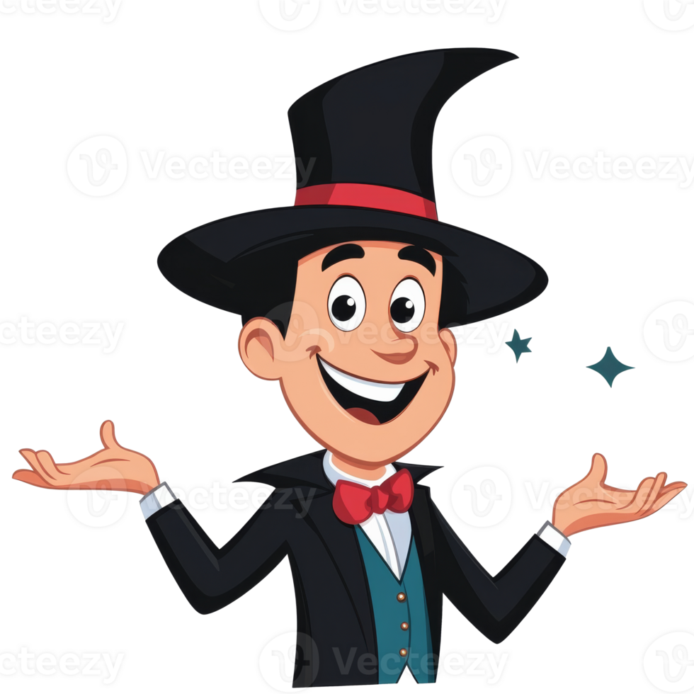 Animated magician displaying tricks with a smile, cut out transparent png