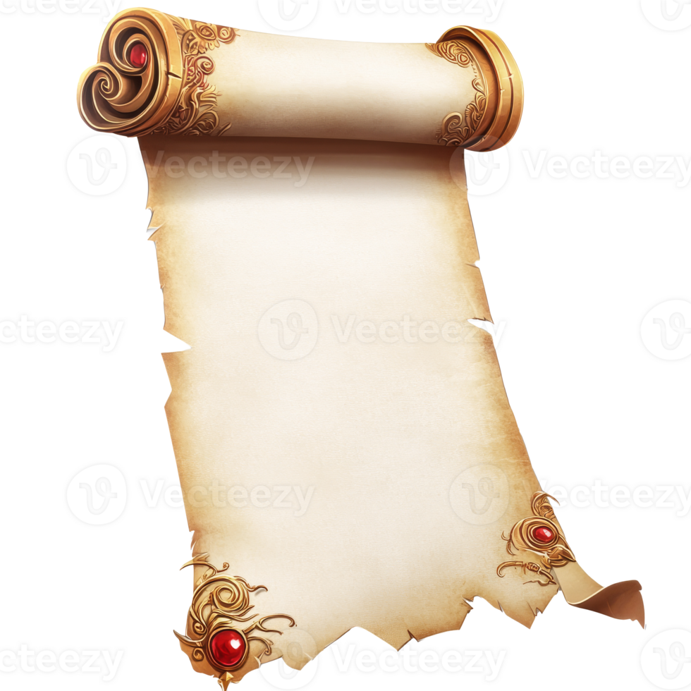 Ornate ancient scroll with decorative ends, cut out transparent png