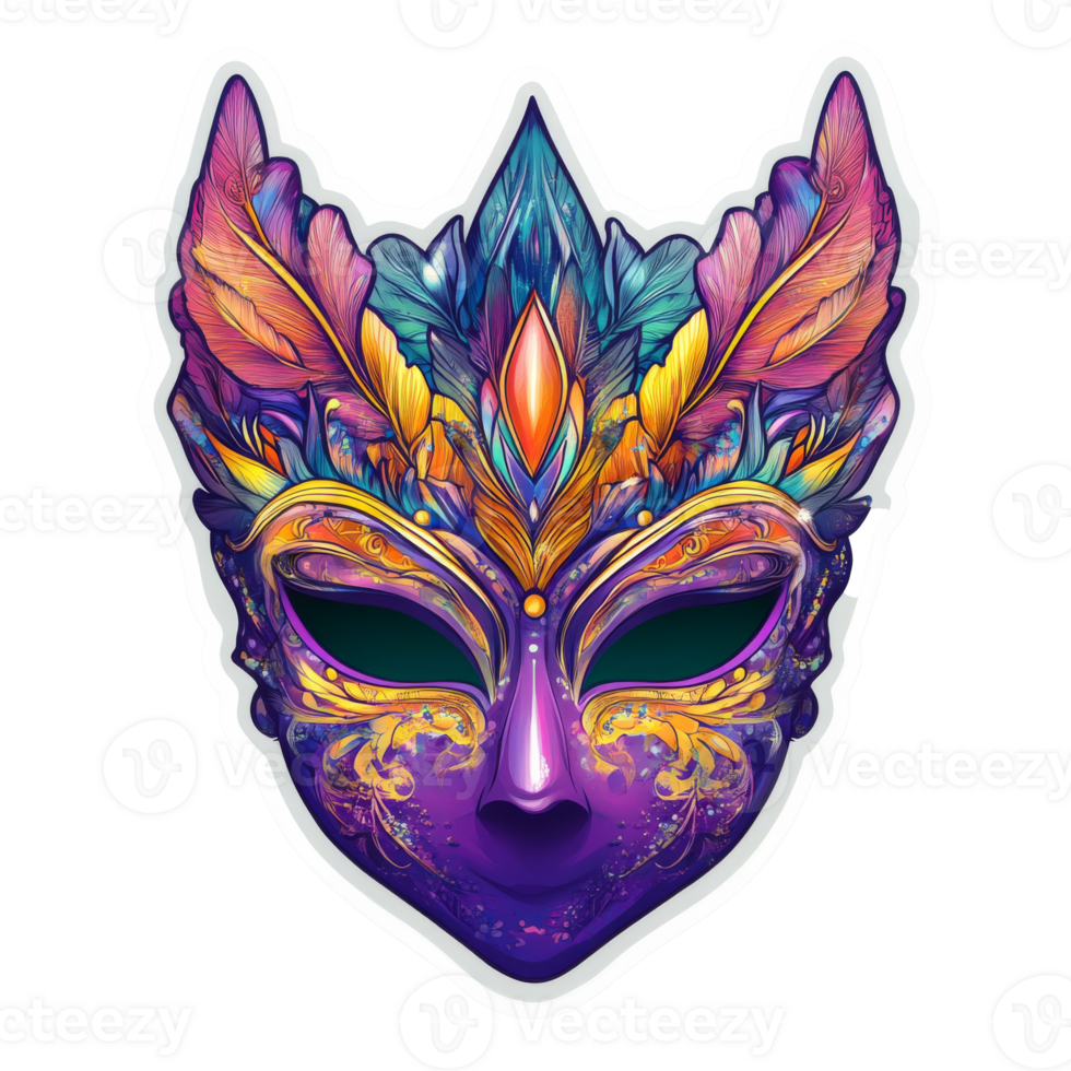 Colorful artistic mask with feathers and patterns, cut out transparent png
