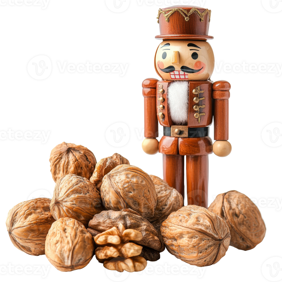 Nutcracker with cracked walnuts and shells, cut out transparent png
