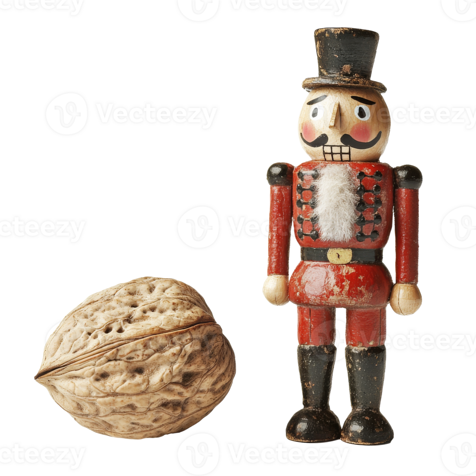 Vintage nutcracker with walnut on white, cut out transparent png