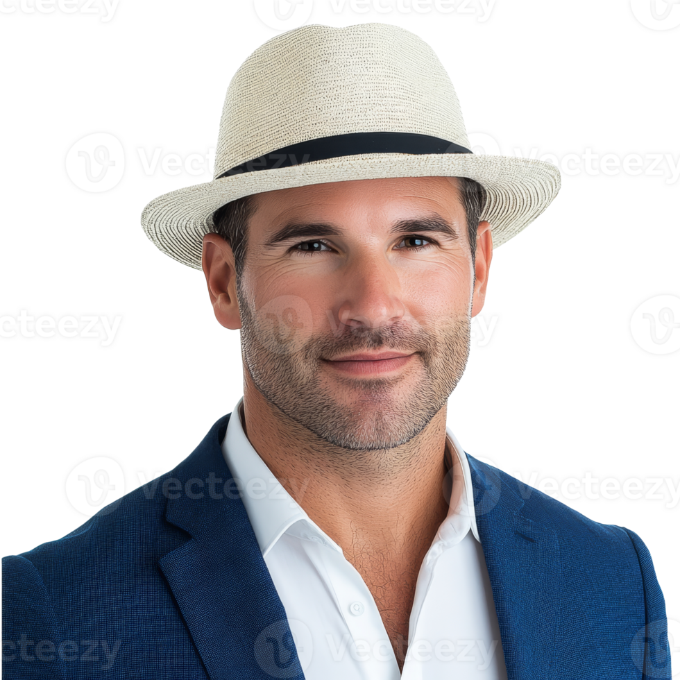 Confident man in a blazer and straw hat, cut out transparent png