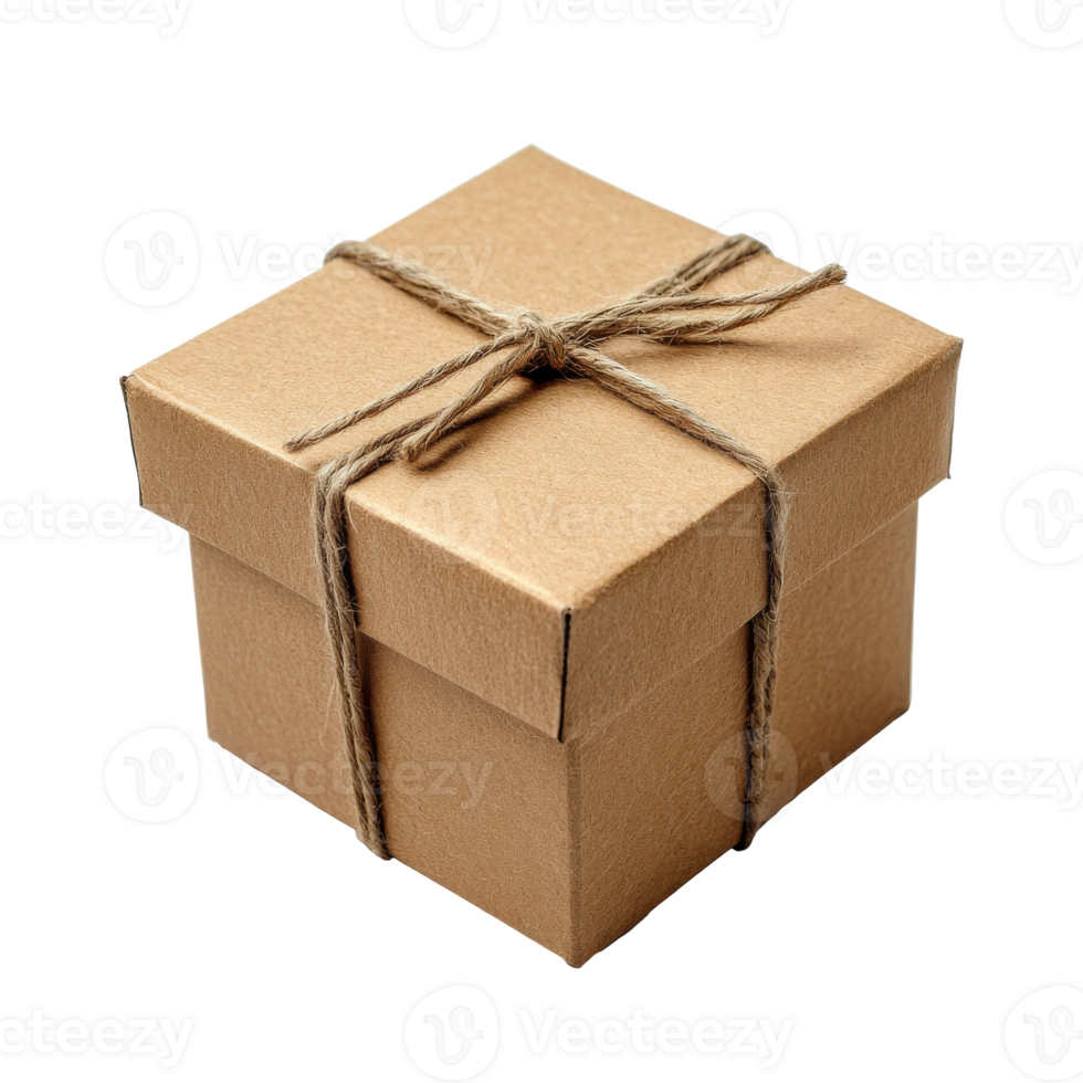 Brown gift box with twine, white bg, cut out transparent png