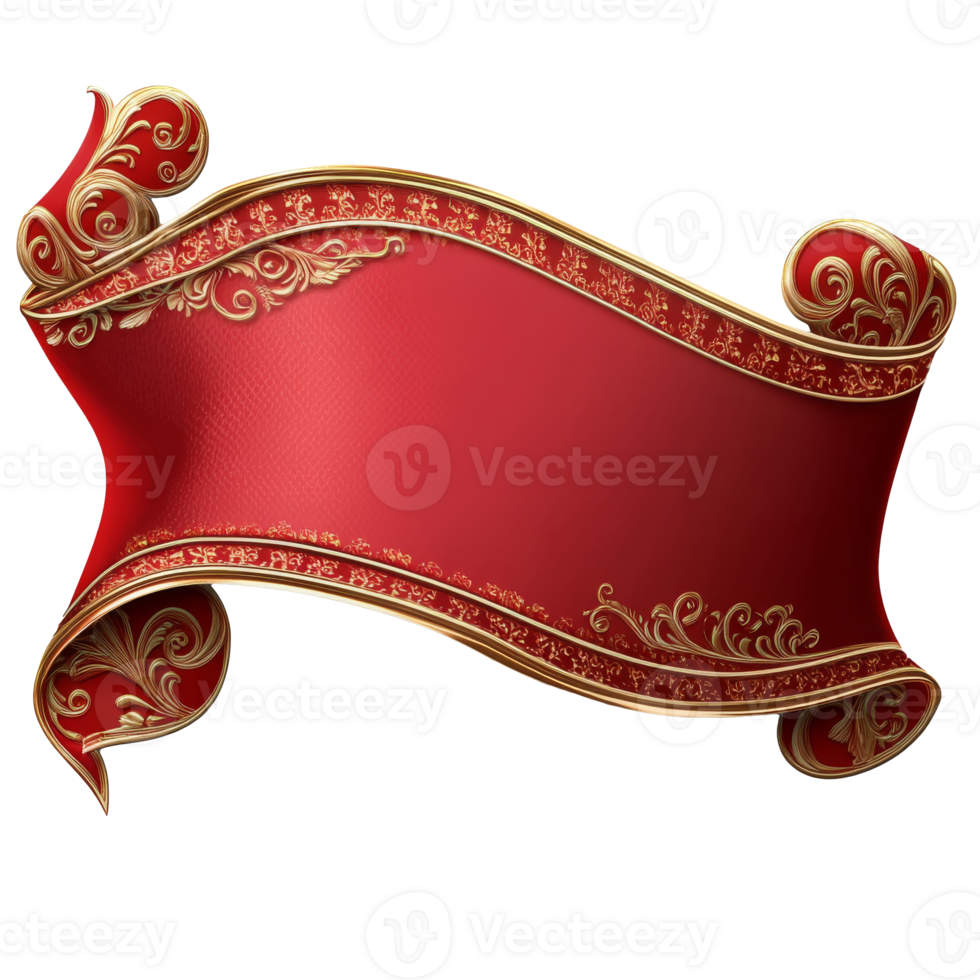 Elegant red decorative banner with ornate design, cut out transparent png