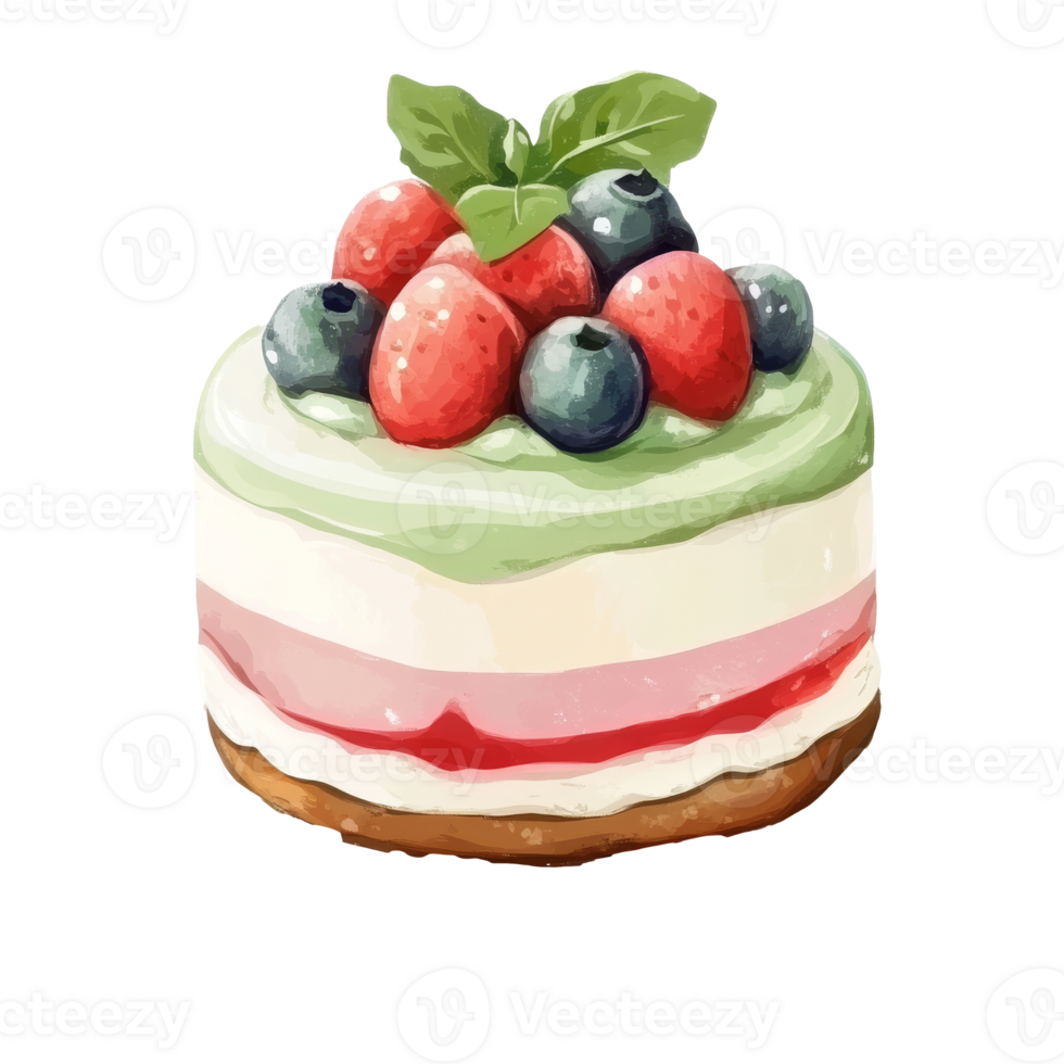 Colorful layered dessert with fresh berries on top, cut out transparent png