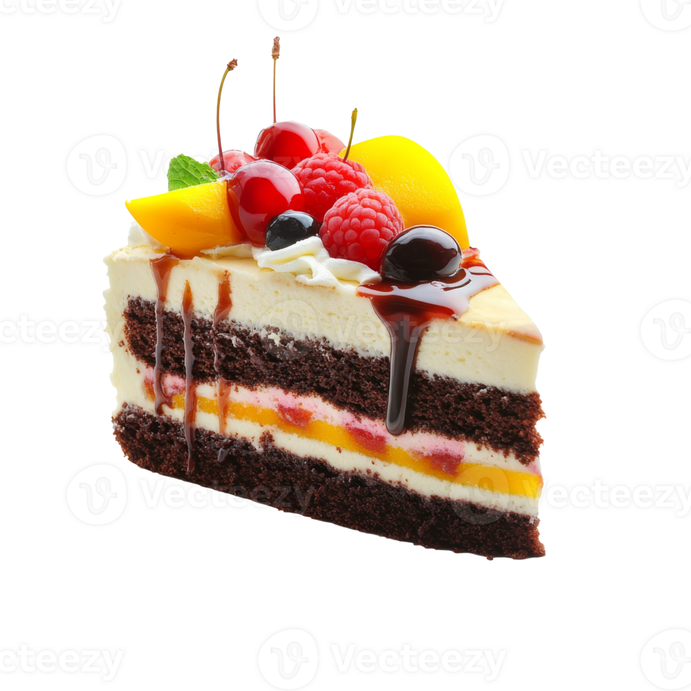 Delicious layered cake topped with fresh fruits, cut out transparent png