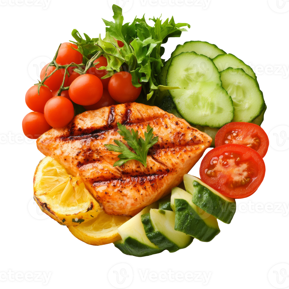 Grilled salmon with veggies and lemon, cut out transparent png