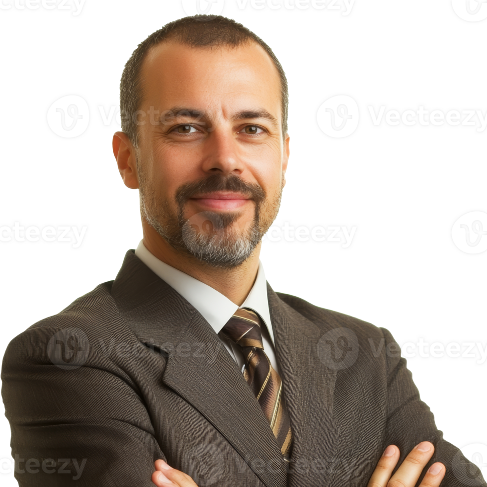 Confident businessman in a suit, arms crossed, cut out transparent png