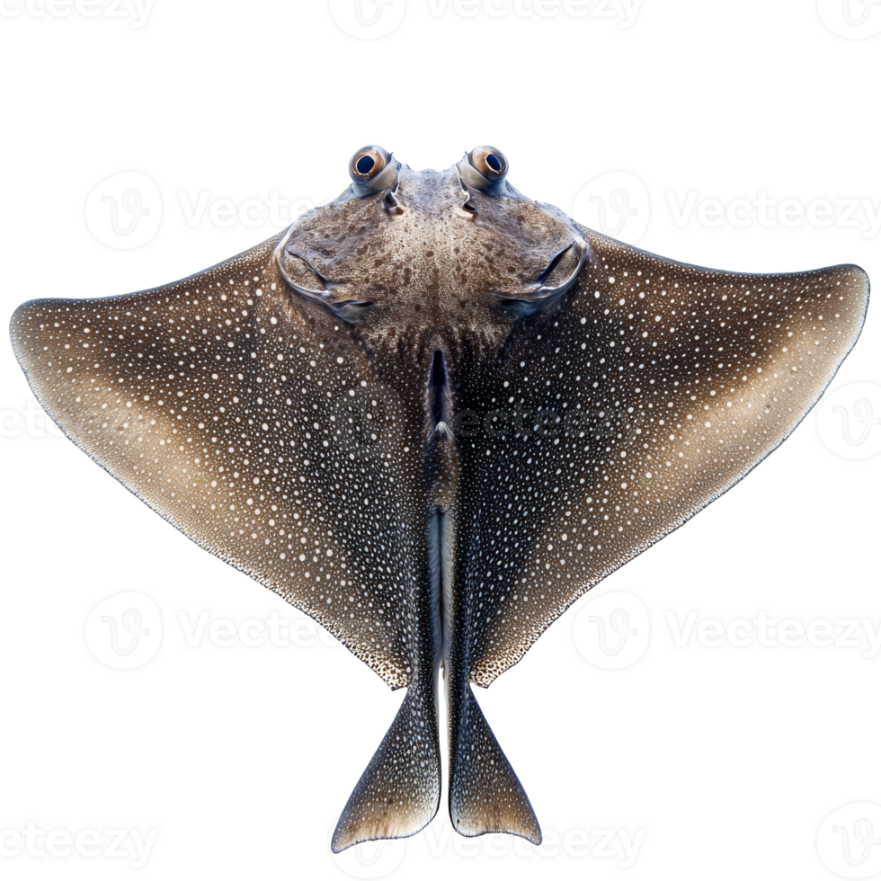 Unique view of a spotted eagle ray in bright light, cut out transparent png