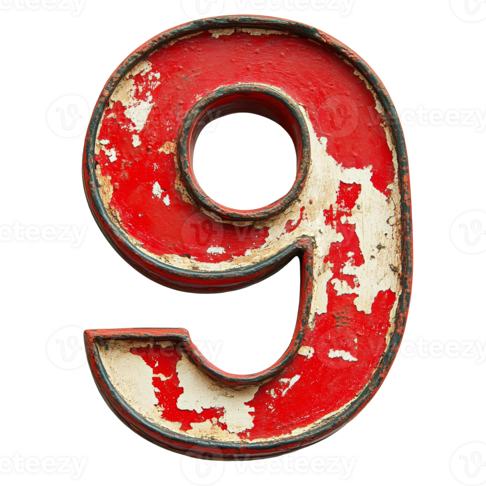 Weathered red number nine on a white background, cut out transparent png