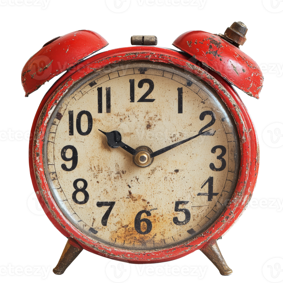 Red vintage alarm clock on white, cut out transparent png