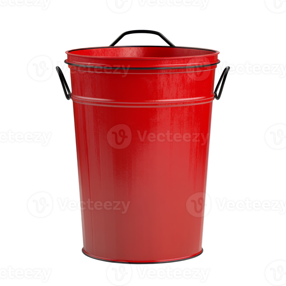 Red metal bucket with black handles upright, cut out transparent png