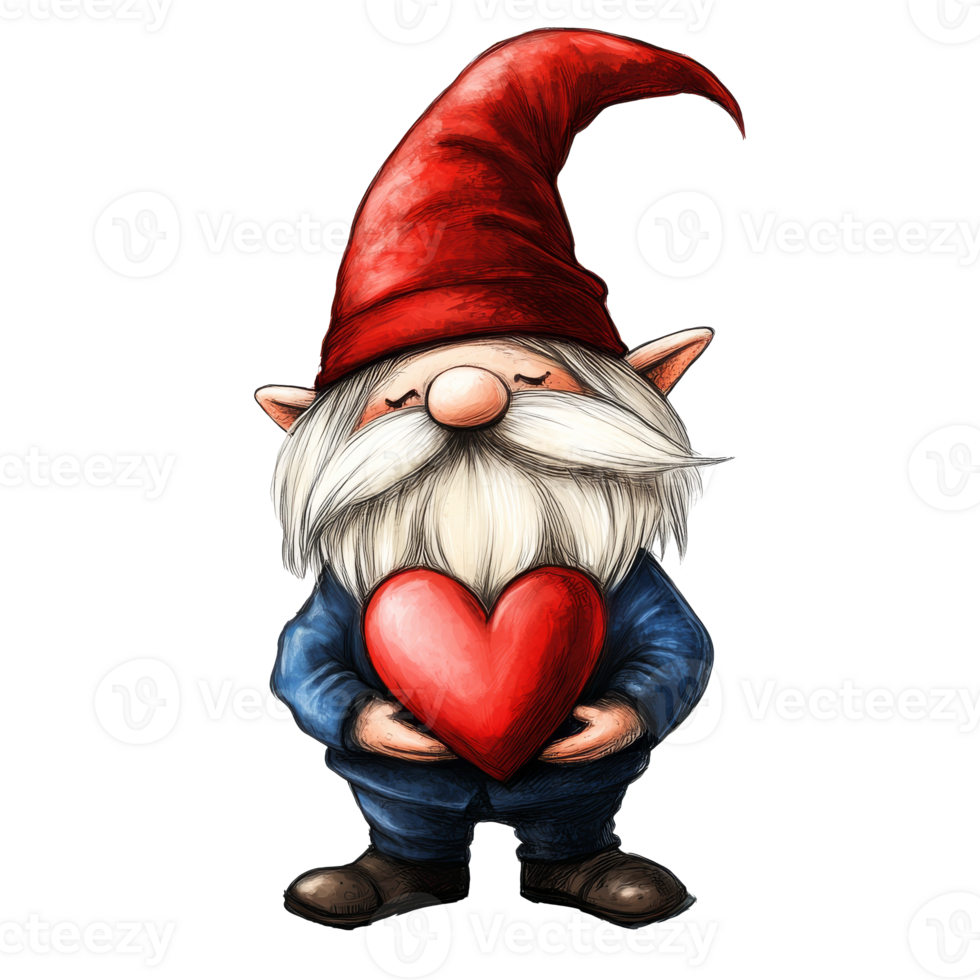 Gnome with a red heart, whimsical style, cut out transparent png