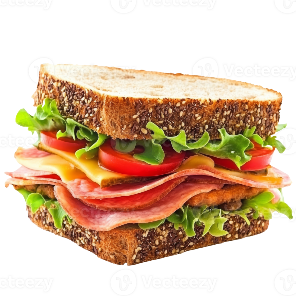 Tasty layered sandwich with greens tomatoes, cut out transparent png