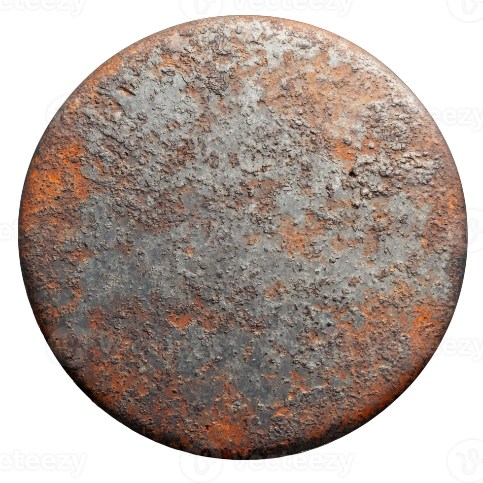 Rusty circular metal surface with rough texture, cut out transparent png
