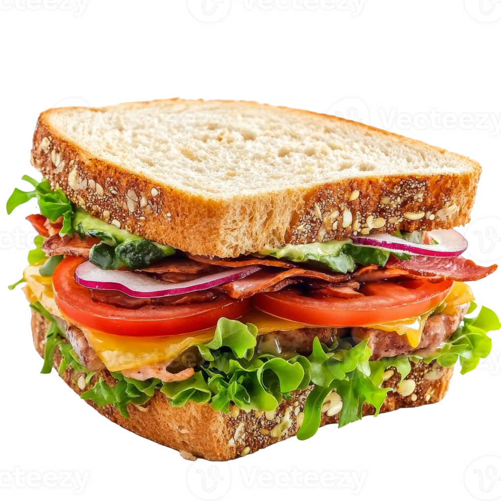 Delicious layered sandwich with fresh ingredients, cut out transparent png