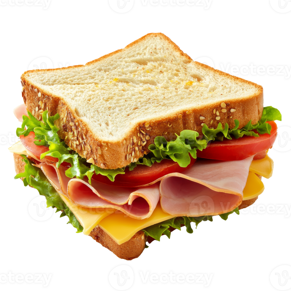 Delicious layered sandwich with fresh ingredients, cut out transparent png