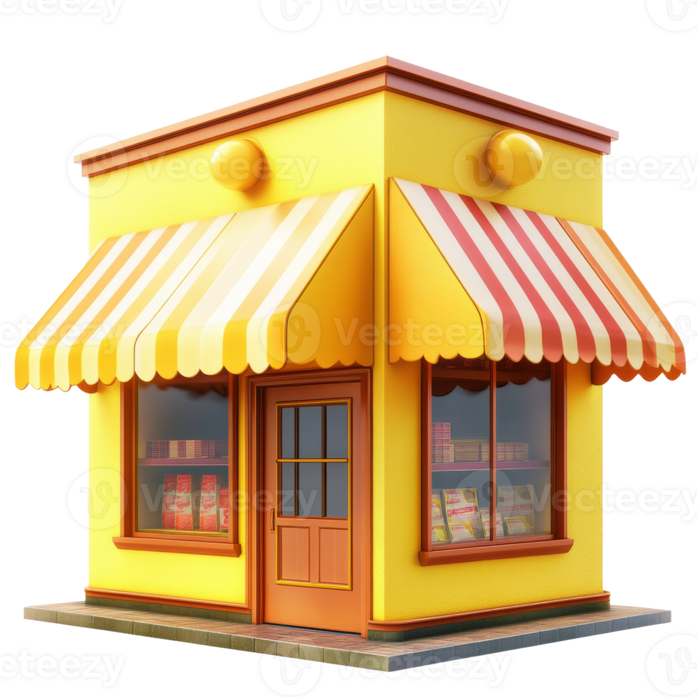 Yellow store with striped awning, sunny day, cut out transparent png