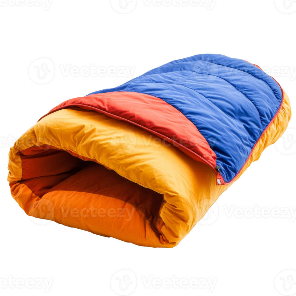 Brightly colored cozy camping sleeping bag, cut out transparent png