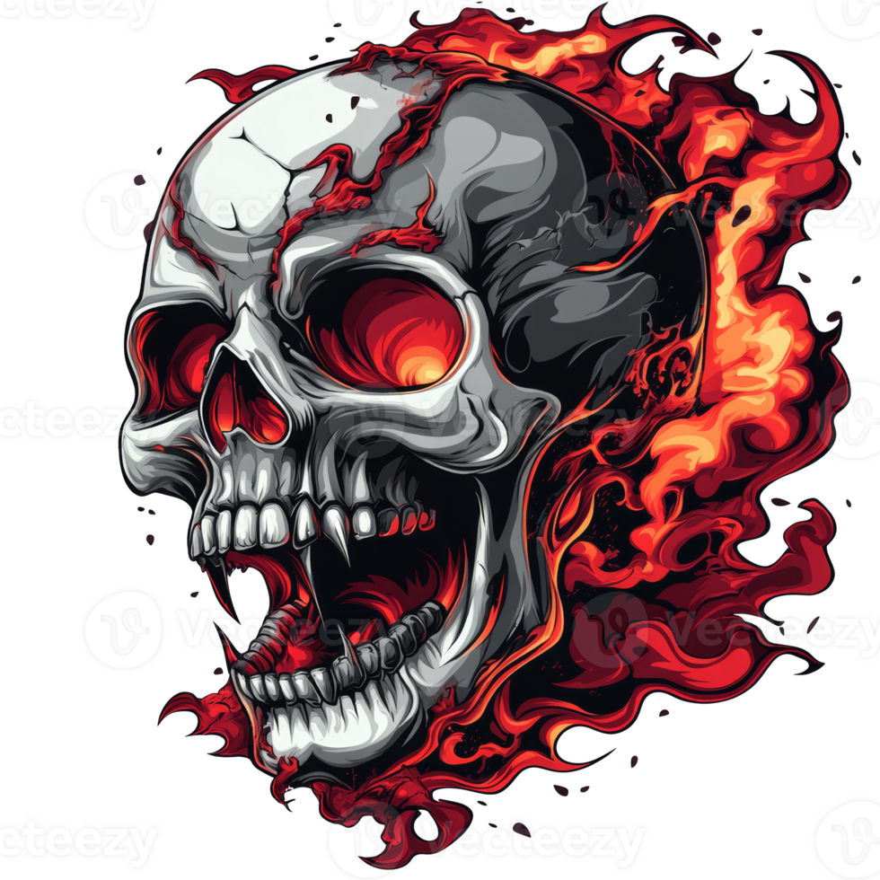 Fiery skull design emerging from vibrant flames, cut out transparent png