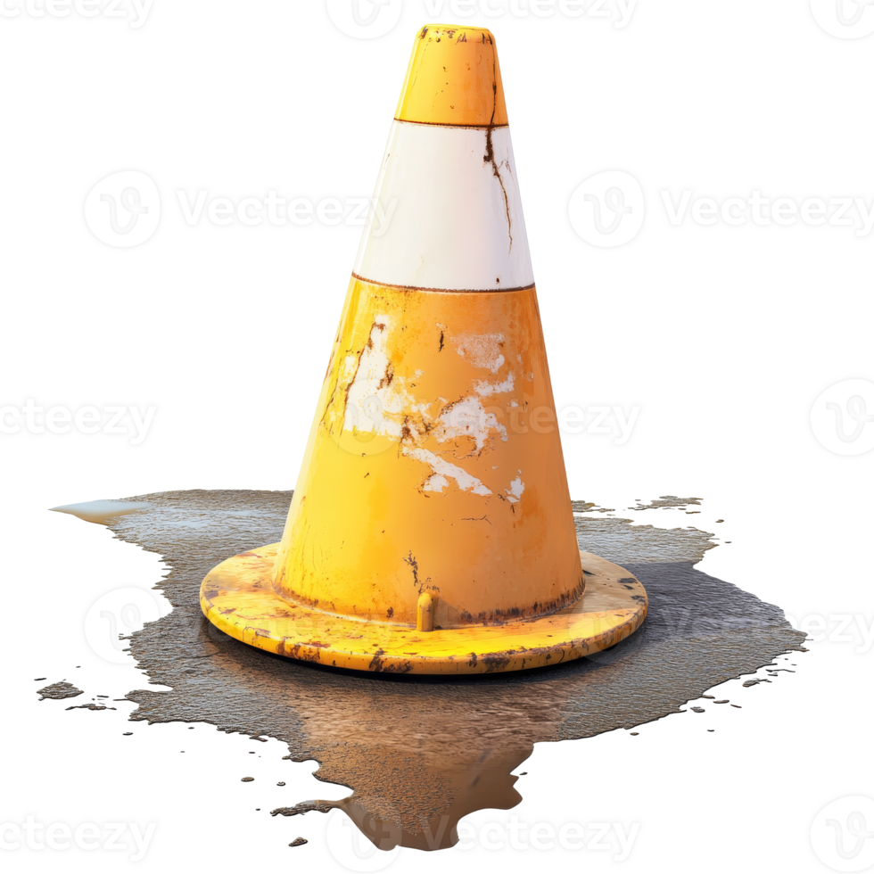 Yellow traffic cone on wet surface in urban area, cut out transparent png
