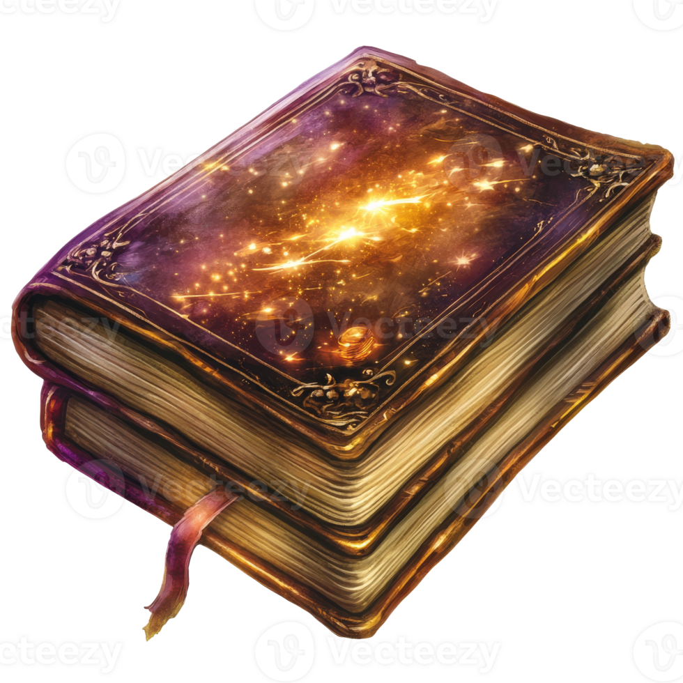 Mystical book with cosmic design shining brightly, cut out transparent png