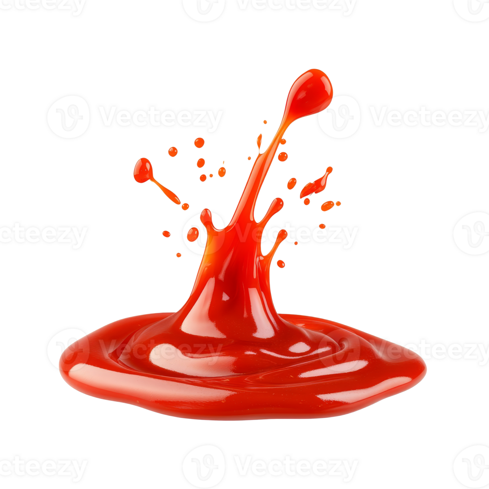 Red ketchup splash on white background, cut out transparent png