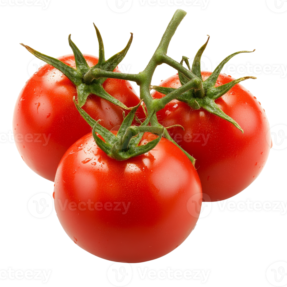 Fresh red tomatoes on the vine with water droplets, cut out transparent png