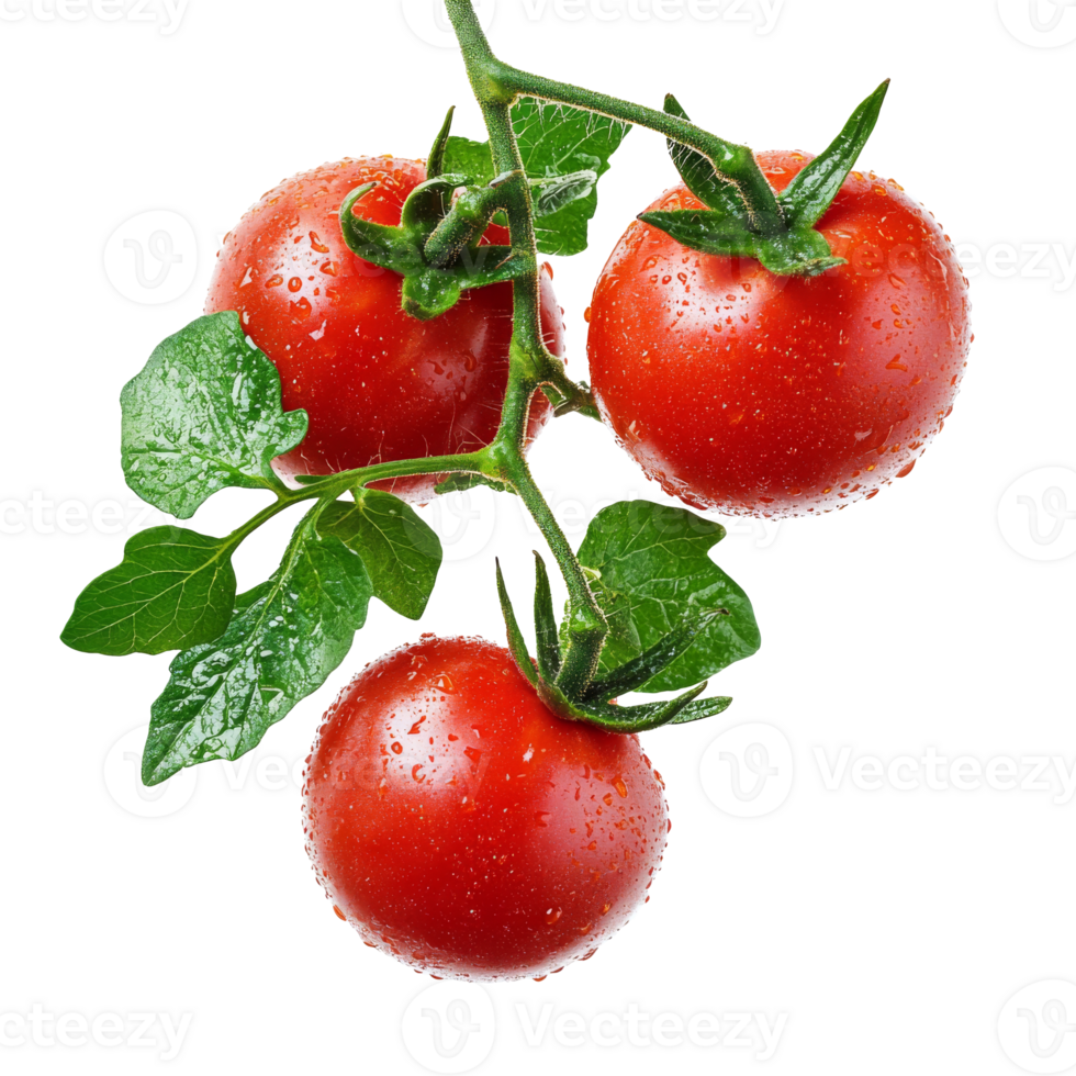 Fresh red tomatoes with water droplets on vine, cut out transparent png