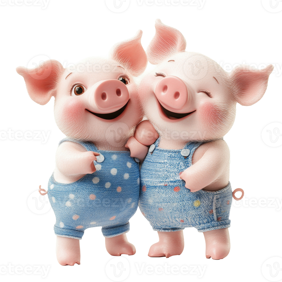 Two cheerful cartoon pigs sharing a joyful moment, cut out transparent png