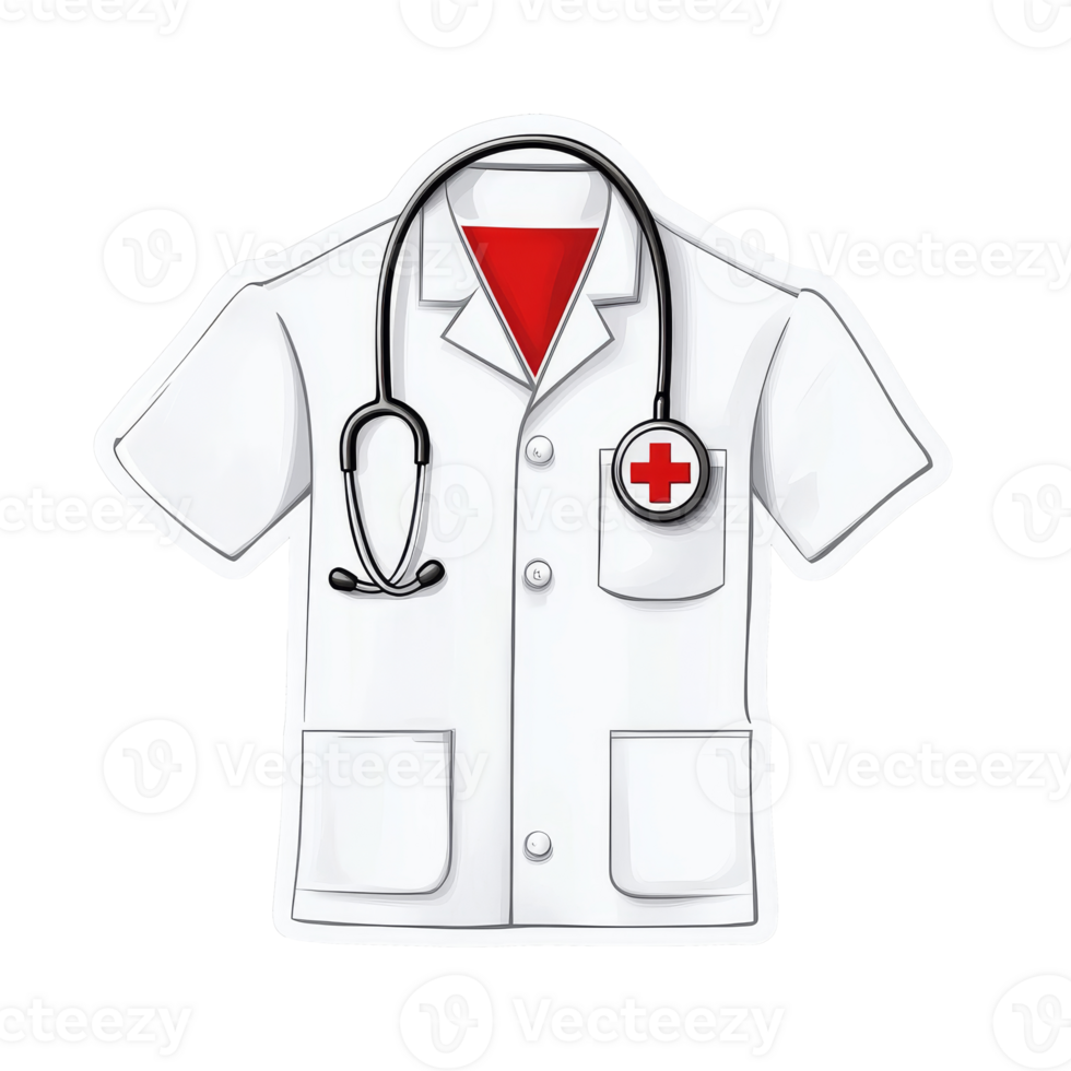 White medical coat with stethoscope and red cross, cut out transparent png