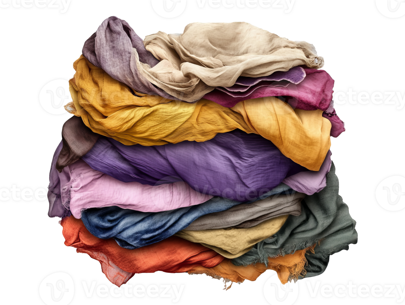 Colorful stacked fabrics in natural light indoors, cut out transparent png