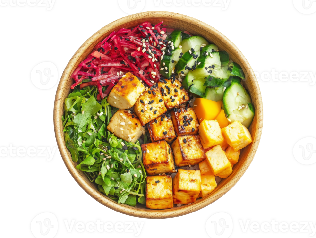 Vibrant tofu bowl with veggies and greens, cut out transparent png