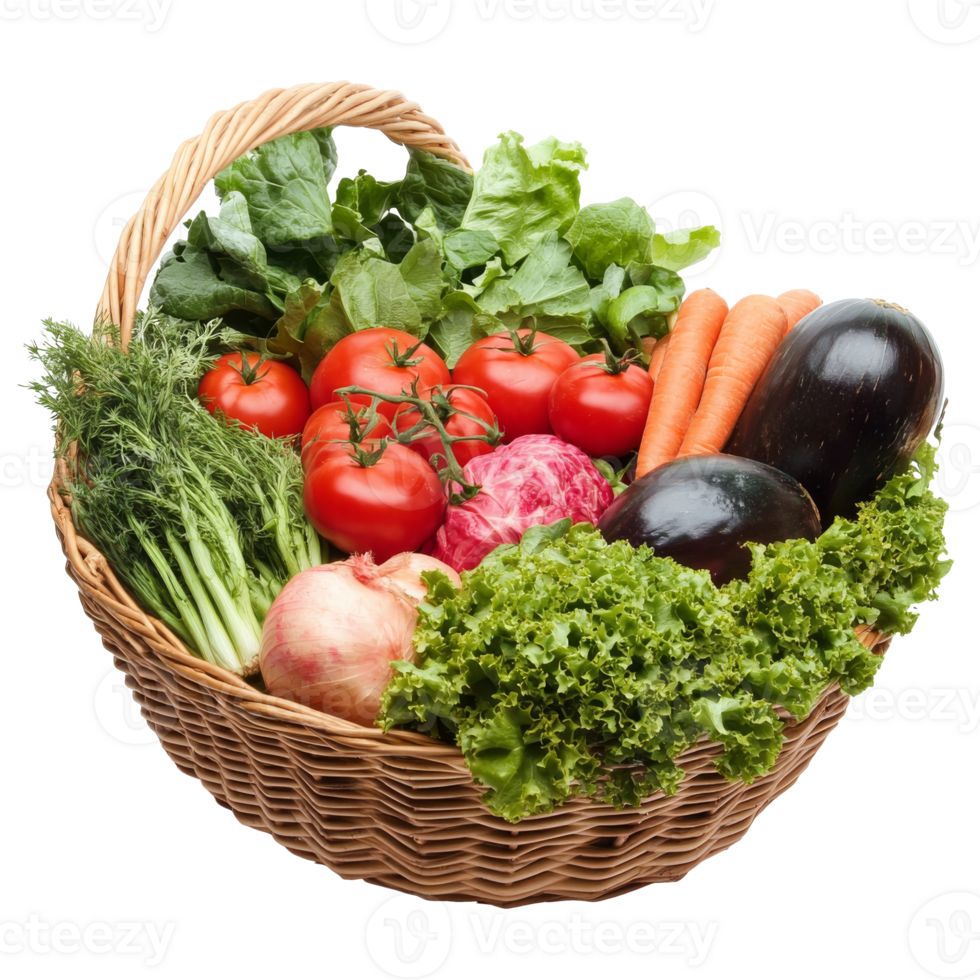 Fresh vegetables in a woven basket from the market, cut out transparent png