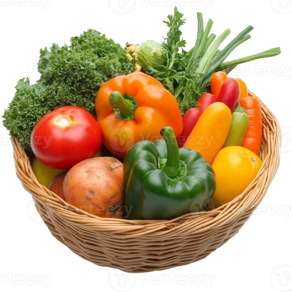 Fresh veggies in a woven basket, cut out transparent png