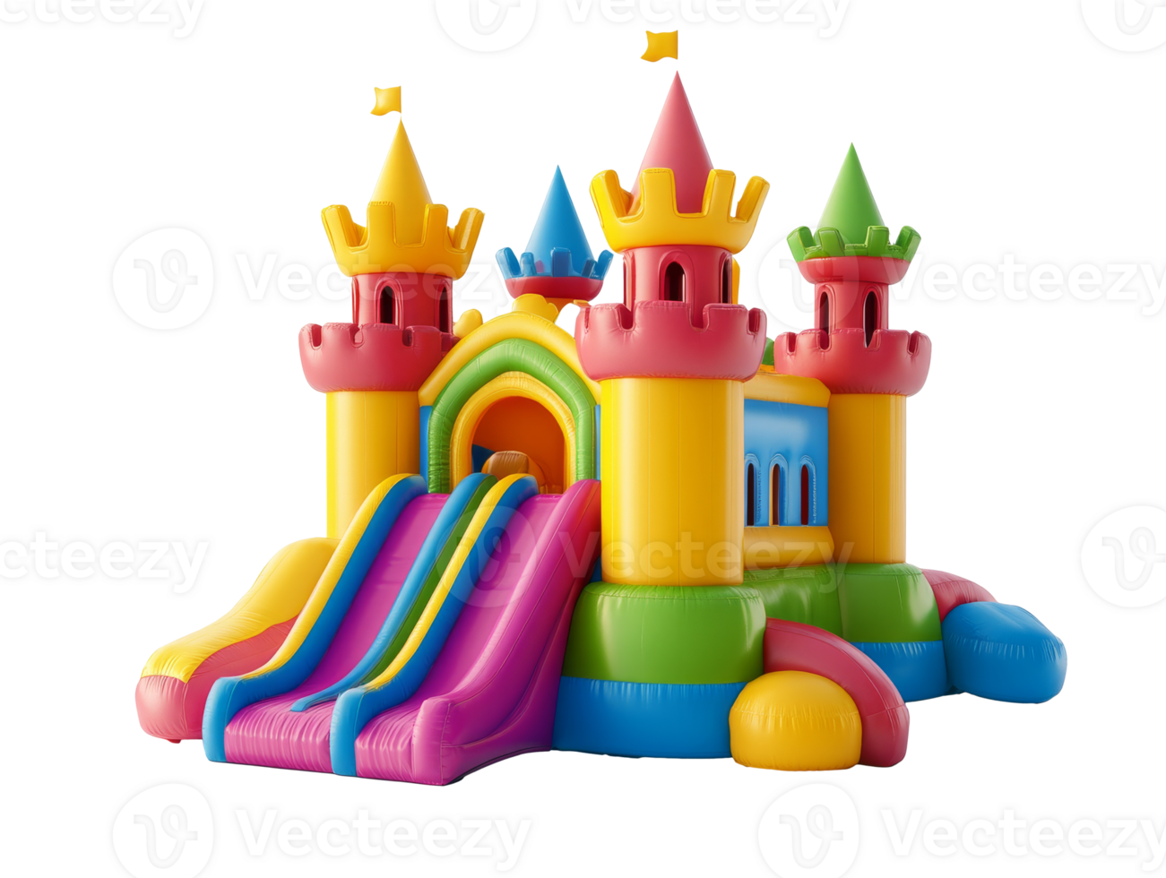 Colorful inflatable castle with slides, cut out transparent png