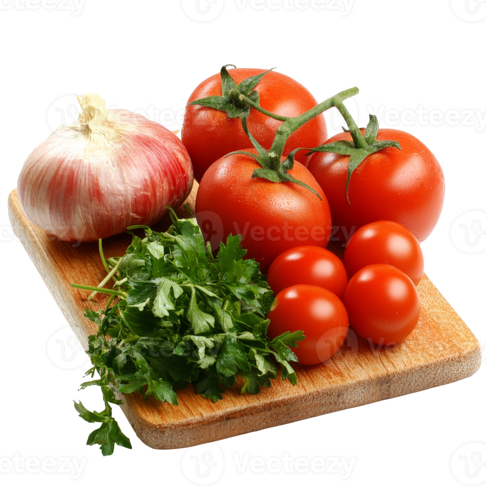 Fresh tomatoes and herbs on a wooden cutting board, cut out transparent png