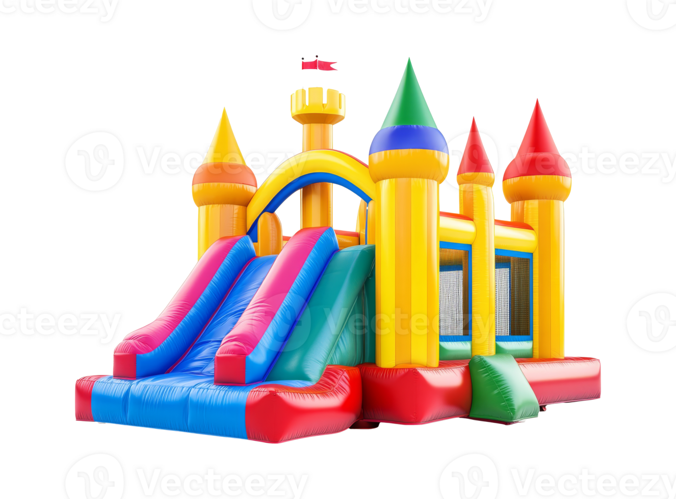Fun colorful inflatable castle with slides, cut out transparent png