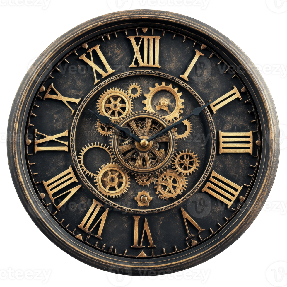 Vintage clock with intricate gears on display, cut out transparent png