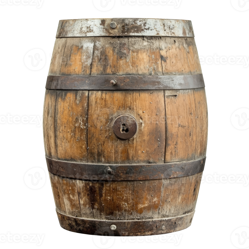 Wooden barrel with metal bands, cut out transparent png