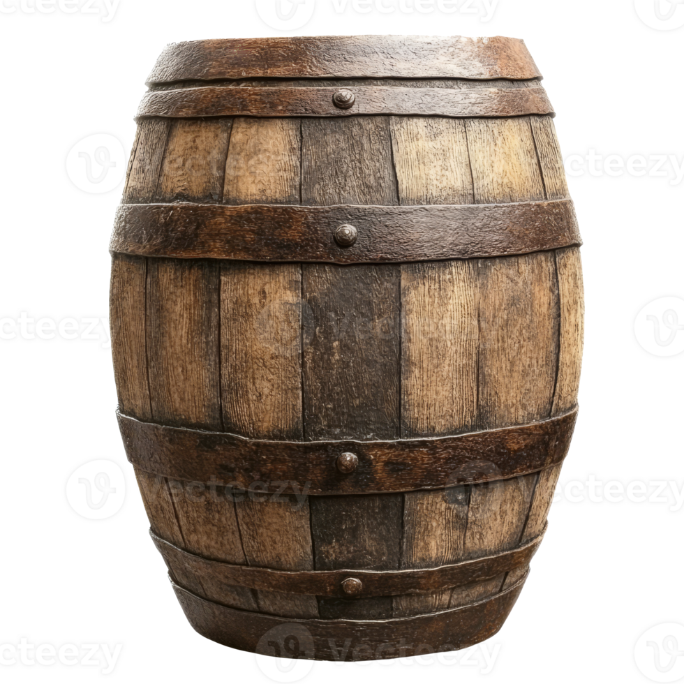 Wooden barrel with metal bands in sunlight, cut out transparent png
