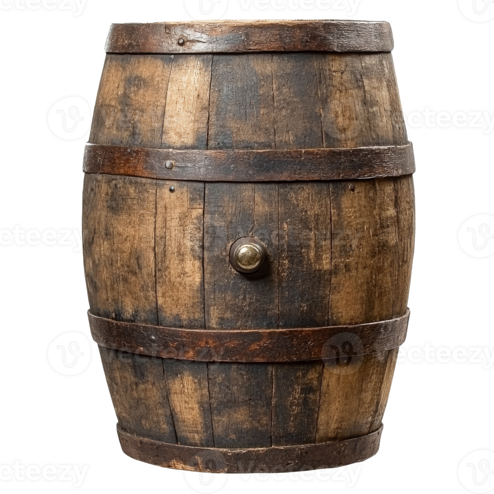 Wooden barrel with metal fittings in rustic style, cut out transparent png