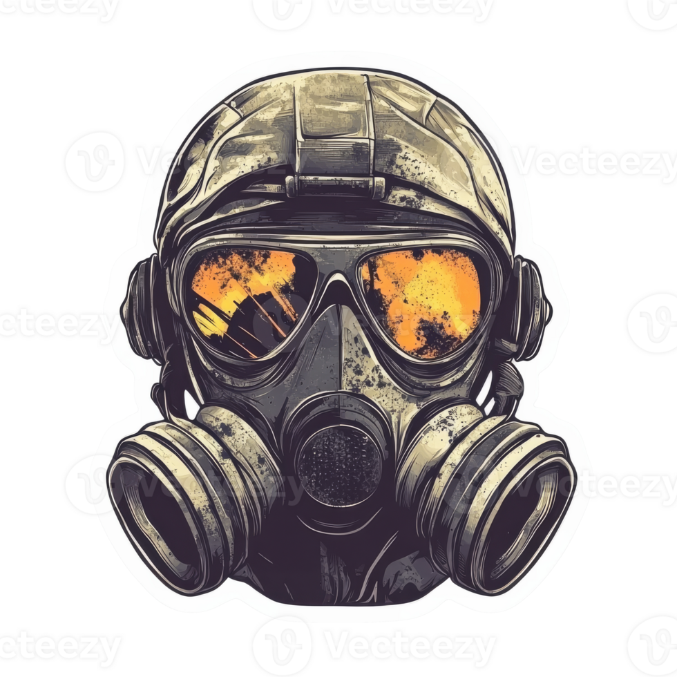 Abstract illustration of a gas mask during sunset, cut out transparent png