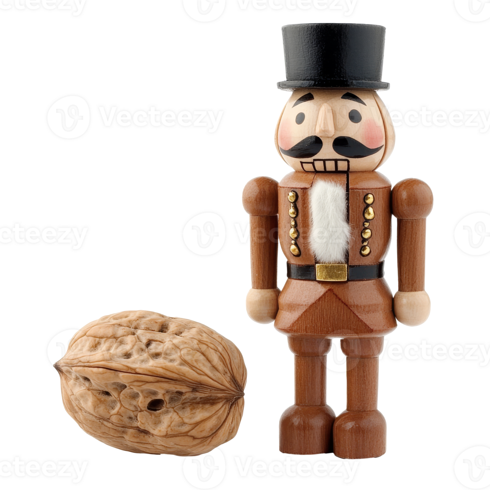 Classic wooden nutcracker standing next to walnut, cut out transparent png